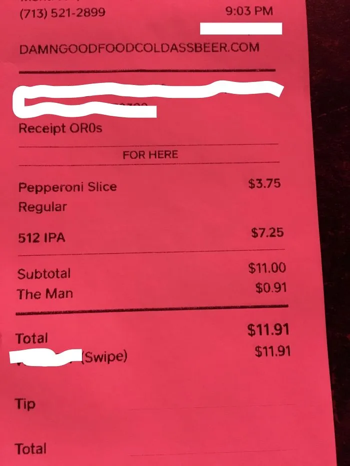 This Pizza Place Lists The Taxes As “The Man” On Their Receipts