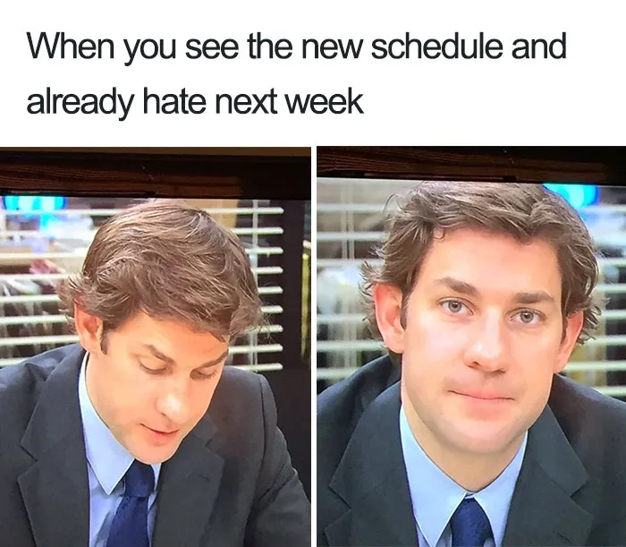 Man in an office setting humorously reacting to a new work schedule, capturing typical restaurant meme humor.