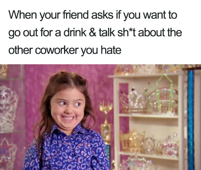 Little girl with a mischievous grin in front of trophies; humorous restaurant meme text above.