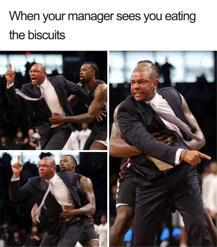Basketball coach meme depicts job stress humorously related to restaurant work challenges.
