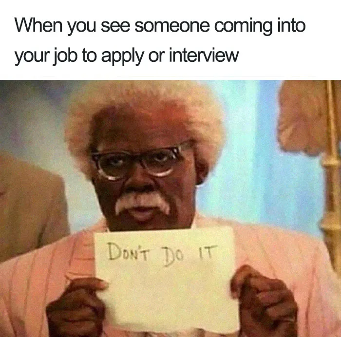 Elderly man in glasses holding a sign saying "Don't Do It" with a humorous restaurant meme caption above.