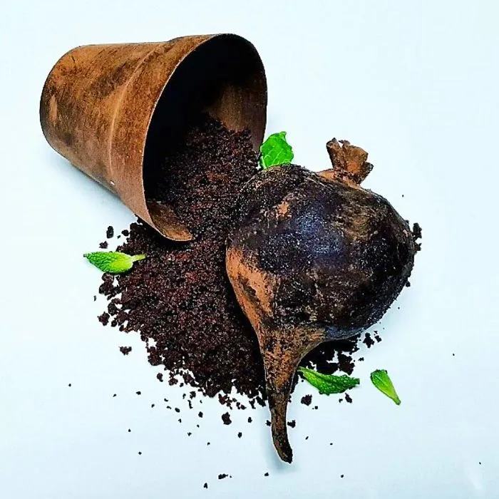 Tarta de chocolate y remolacha, tierra y maceta de chocolate también