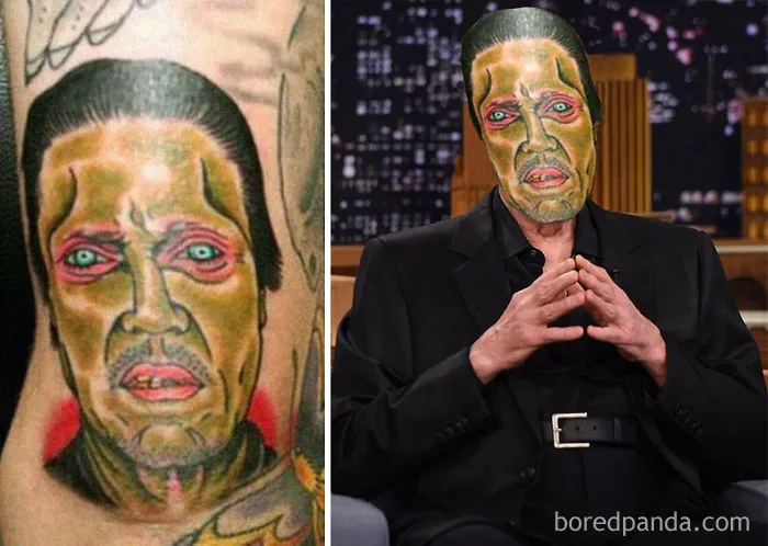 Face swapped tattoo on person, illustrating poor tattoo design.