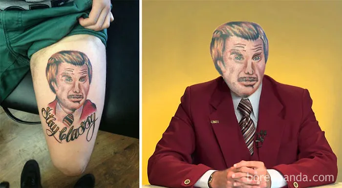 Face-swapped tattoo showing a humorous side-by-side comparison on a person's leg and face.