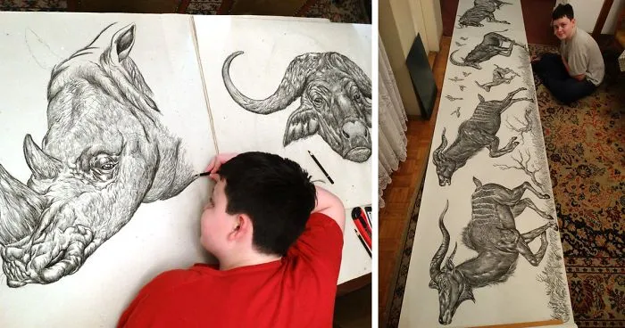 15-Year-Old Boy Prodigy Creates Animal Drawings From Memory, And They're Even More Impressive From Up-Close