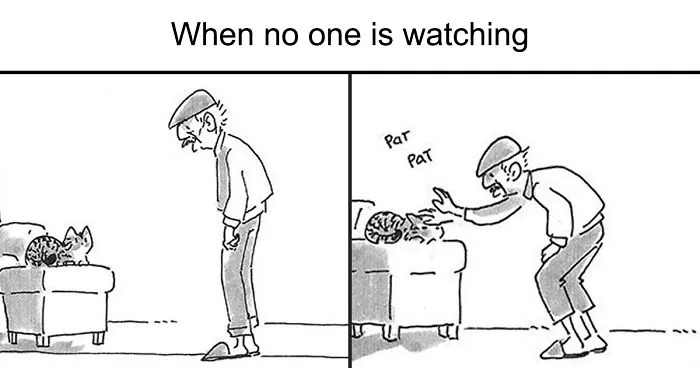 Daughter Hilariously Illustrates Her Dad’s Ambivalent Relationship With Their Cat In 8 Honest Comics