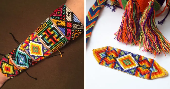 I Make Bracelets From Colorful Beads With A Pattern Of Indians Of Latin America