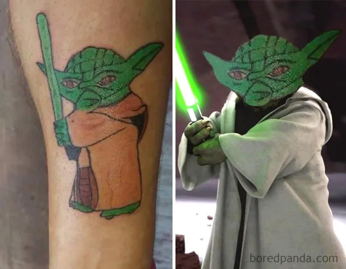 Left: poorly done tattoo of a green character with a lightsaber. Right: the original character in a similar pose.