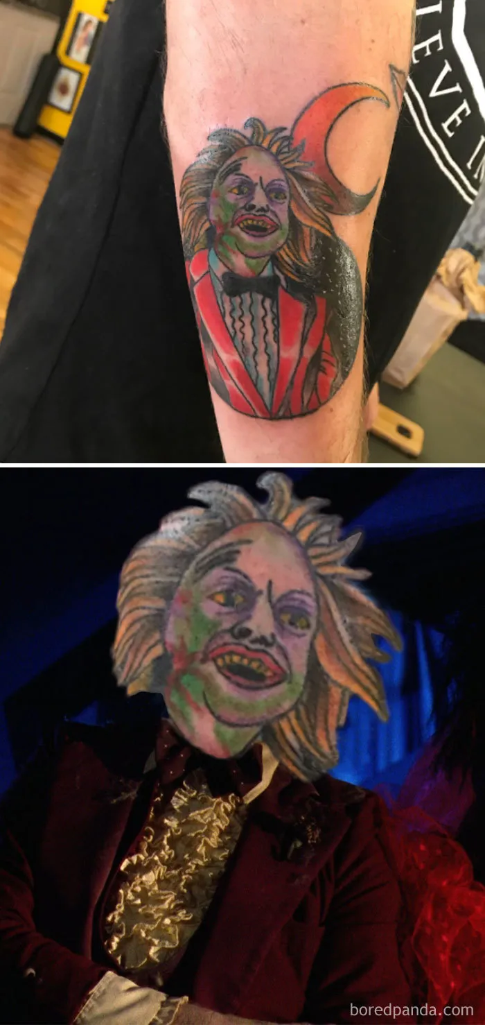 Face-swapped tattoo of a character in a red suit on an arm, showing the exaggerated features when swapped.