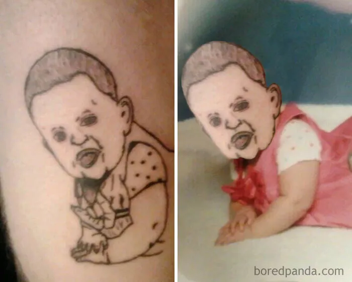 Face-swapped tattoo and photo showing the amusing result of a mismatched face swap effort.