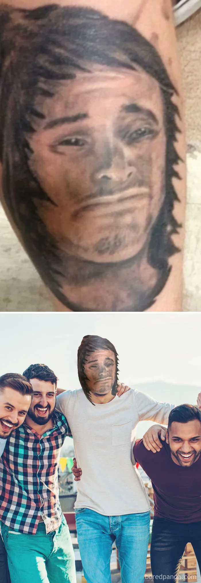 Face swapped tattoo showing a humorous transformation in a group photo.