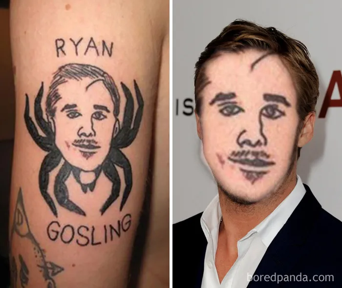 Face swapped tattoo of a spider with a man's face next to a person with the same design on their face.