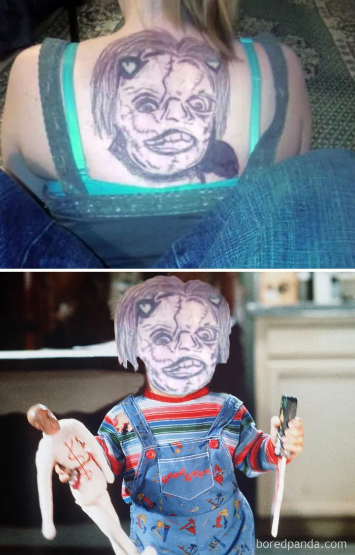 Face swapped tattoos showing altered artwork on a person's back and a doll's face.