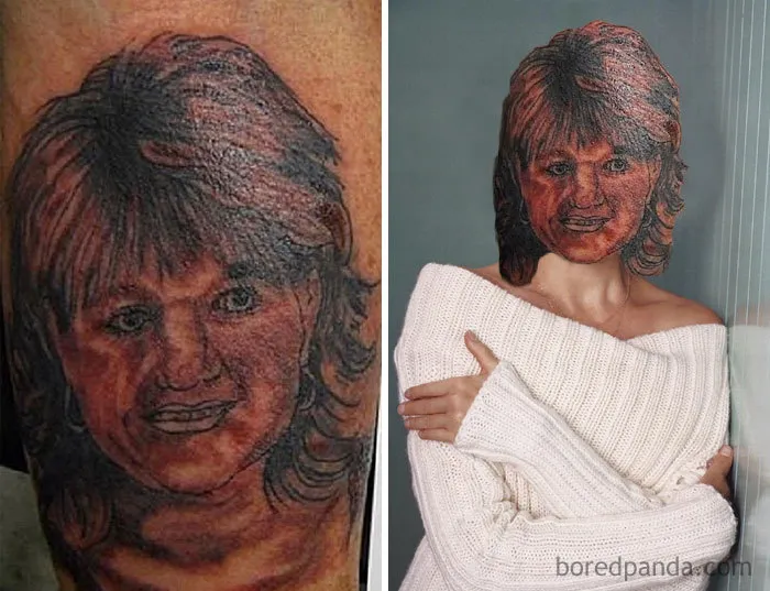 Face swapped tattoo on left, same tattoo as face on model's photo on right, highlighting tattoo quality.