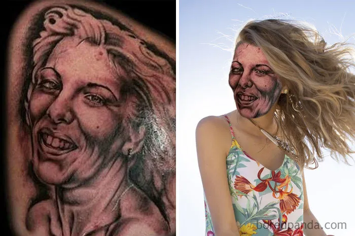 Face swap showing a tattoo portrait and a person with the tattoo's face on the beach, illustrating tattoo face swap.