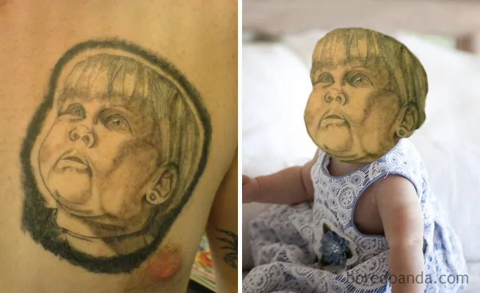 Face swapped tattoo showing a child's face on left and matching baby's body with tattoo face on right.