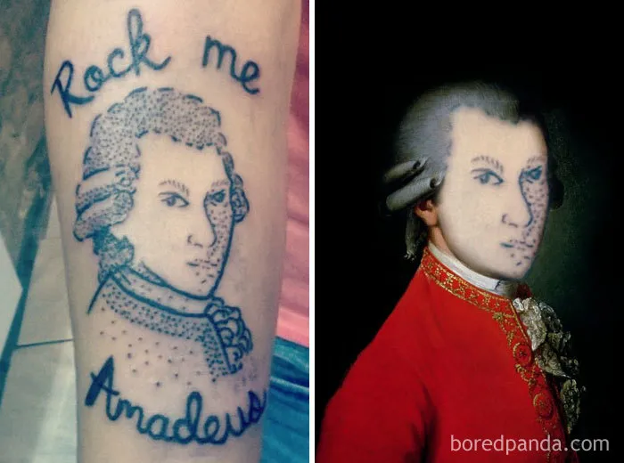 Face swapped tattoo of Amadeus on an arm and classic painting, showing humorous results.