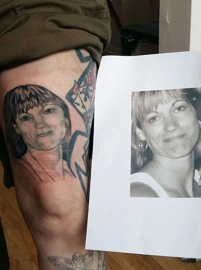 Bad tattoo fail of a woman's face on a person's leg, with the reference photo beside it.