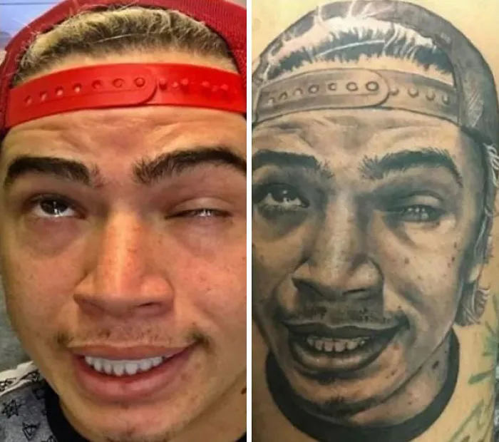 A man's face next to a poorly executed tattoo of himself, wearing a red cap.