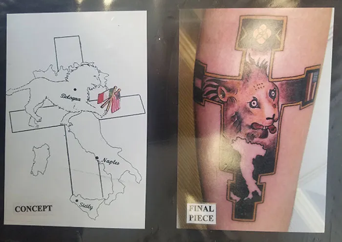Bad tattoo fail showing a map concept next to a lion tattoo with cross design.