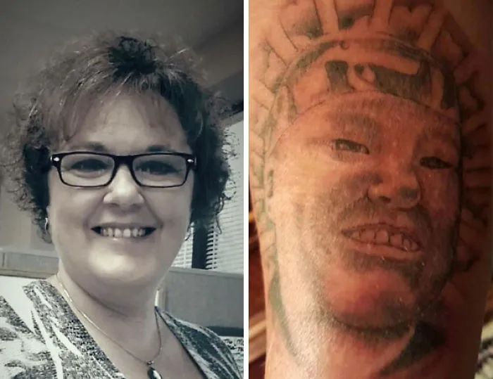 Woman smiling next to a tattoo fail depicting a distorted face with a crown.