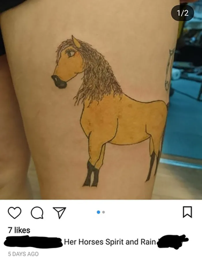 Bad tattoo of a horse with mismatched features on a person's leg.