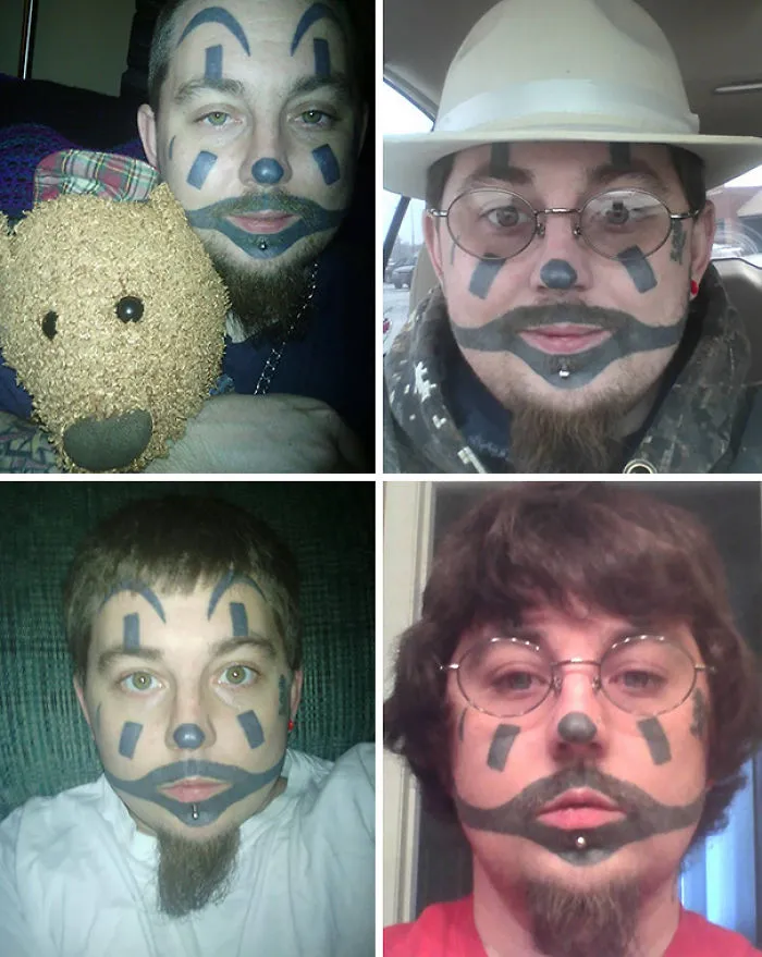 Man with bad tattoo fails, featuring facial designs in four different photos, showcasing humorous and cringeworthy tattoo work.
