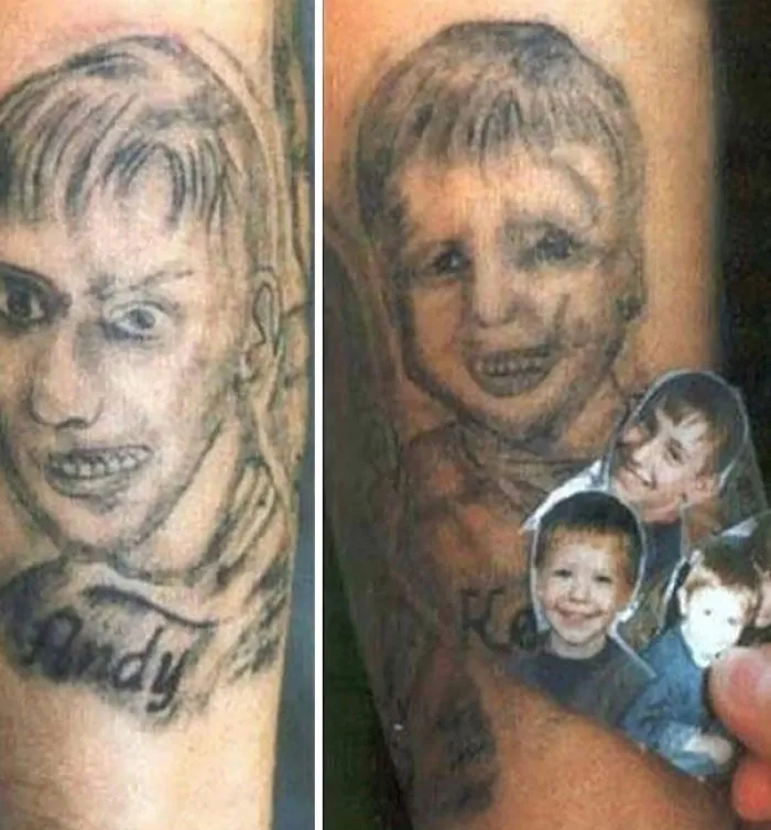Bad tattoo fail showing two portraits on the skin that look distorted compared to the photo references.