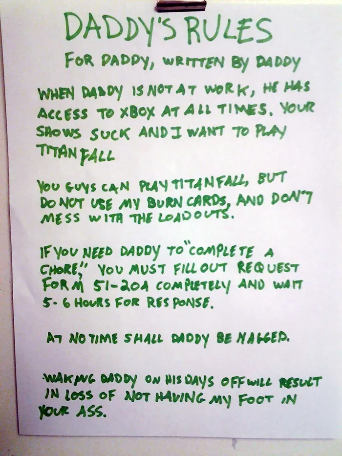Mommy Wrote Up A Page Of Rules For Everyone. Daddy Didn't Like His, So He Wrote His Own