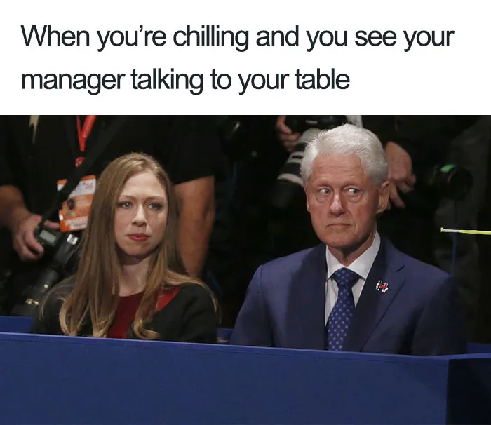 Two people looking surprised in a humorous restaurant meme.