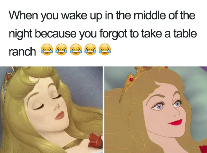 Sleeping character wakes up suddenly, reflecting restaurant memes humor.