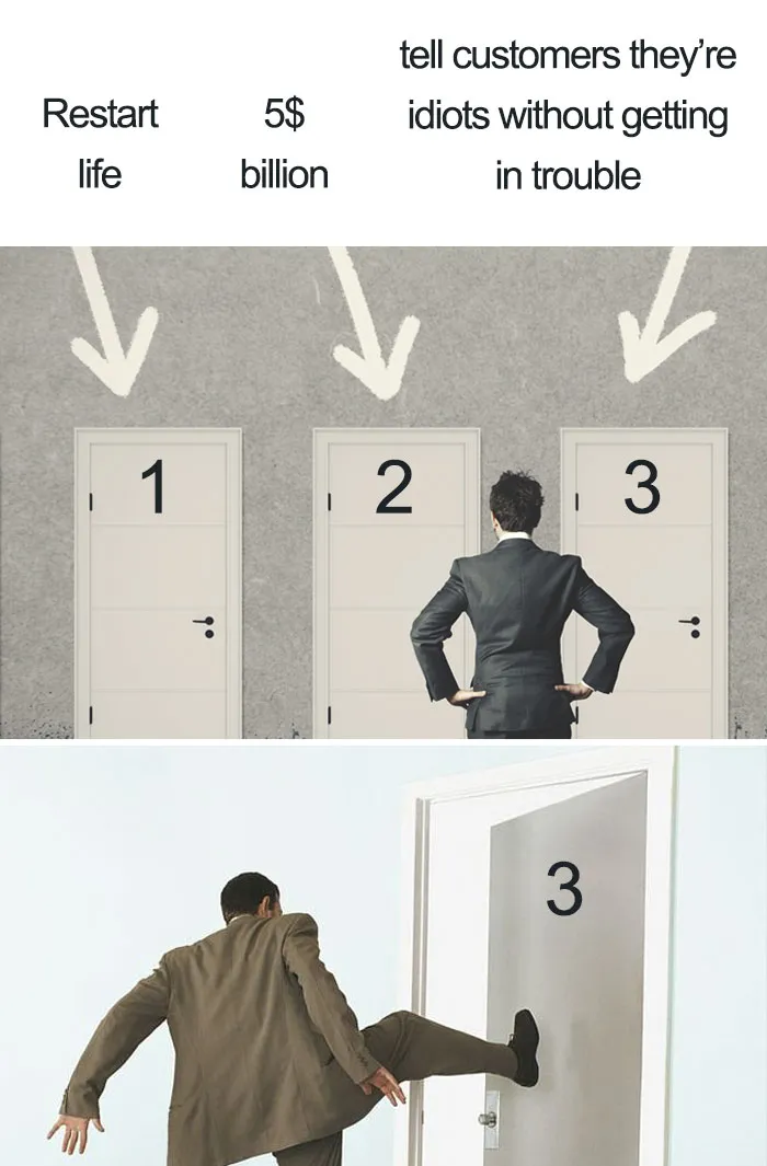 Man humorously choosing between doors labeled 1, 2, 3; connecting to restaurant memes.