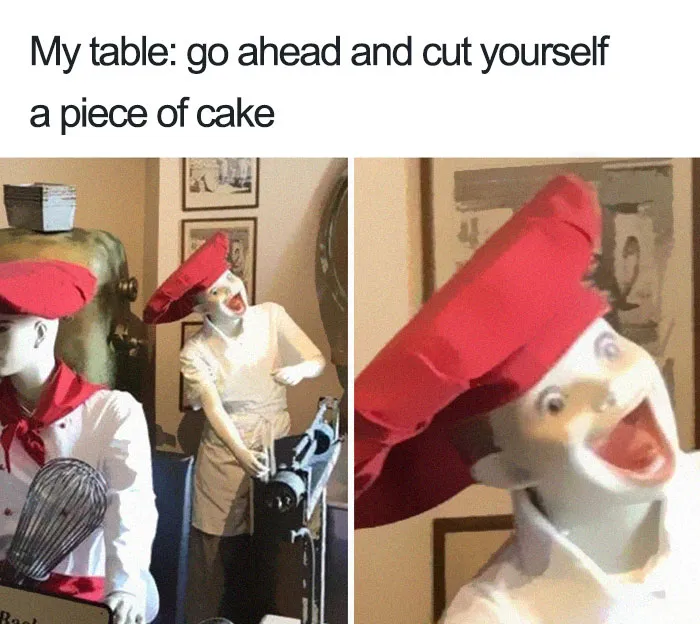 Restaurant meme with a mannequin chef in a red hat, humorously posed with a whisk.