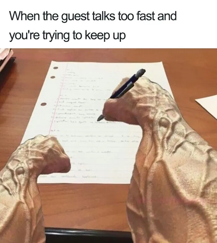 Buff arms frantically taking notes in a restaurant meme.