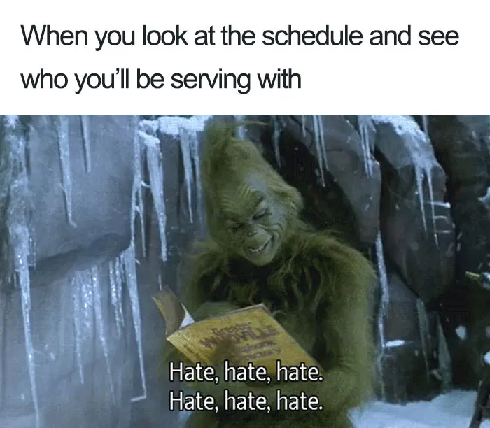 Grinch reading a book in an icy cave with text overlay, humorously reflecting on restaurant job struggles.