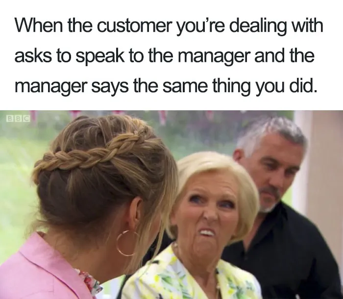 Hilarious restaurant meme with a customer asking for the manager, who repeats the same response, causing a funny reaction.