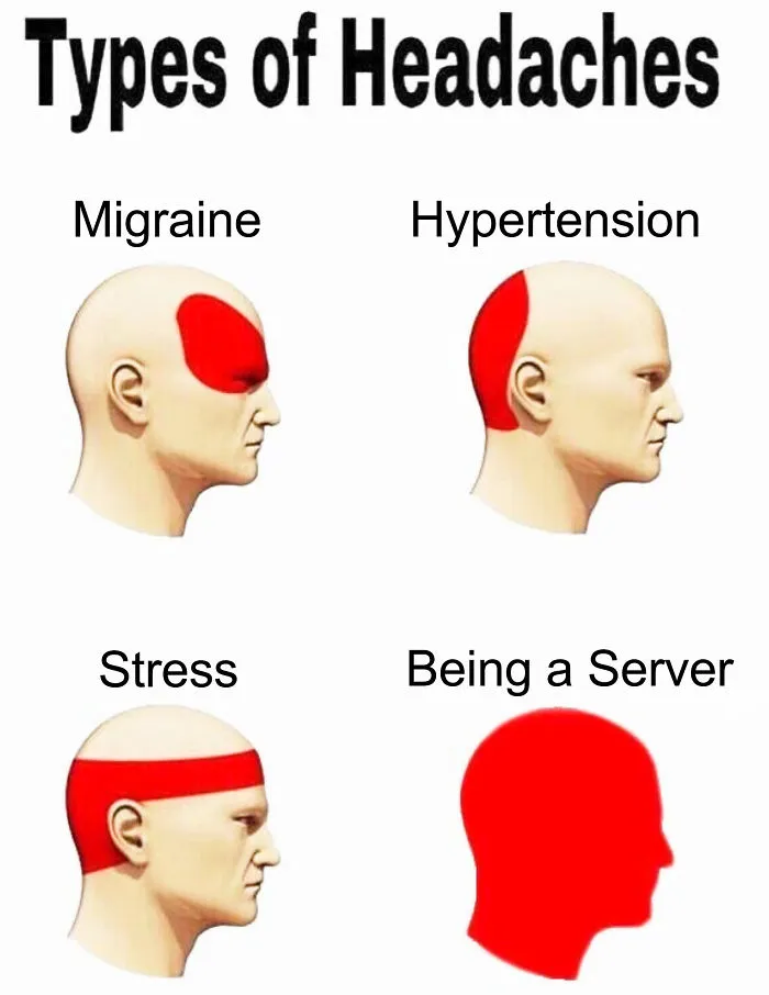 Types of headaches meme highlighting stress and restaurant servers with humor.