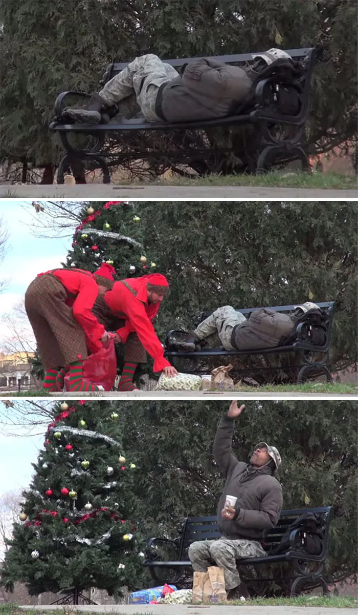 Duendes navideños sorprenden a un indigente con comida y regalos