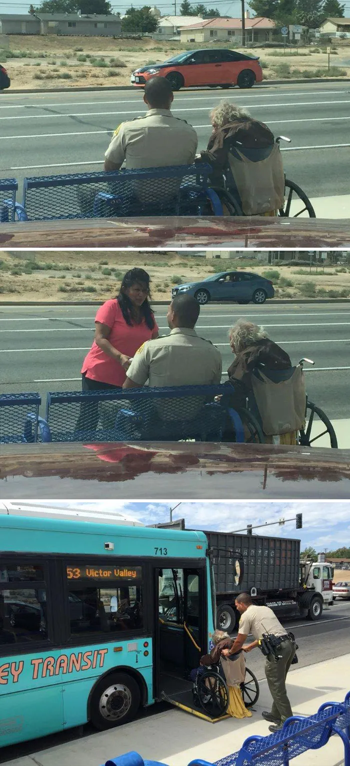 Police Officer Keeping A Man Company At A Bus Stop