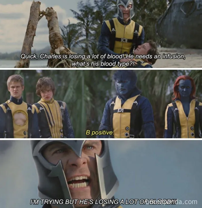 Comic-style doctor meme with superheroes discussing blood type humorously in a tense situation.