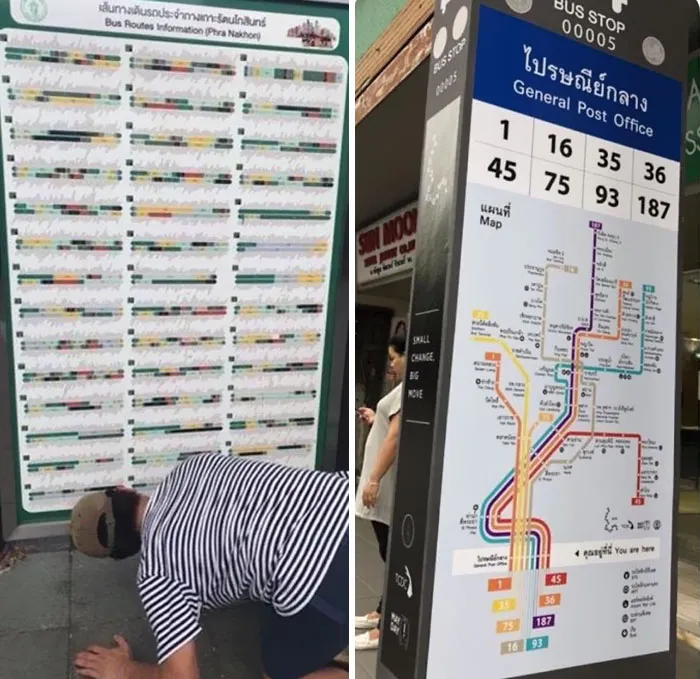 Información sobre líneas de autobuses en Tailandia. A la izquierda, la diseñada por el gobierno. A la derecha, por un grupo de servicio a la comunidad