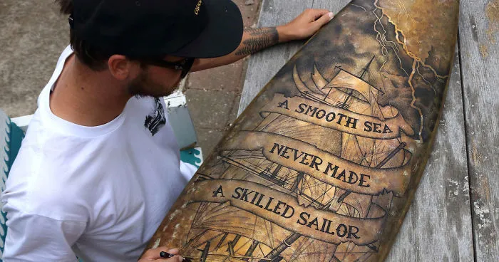 I Re-Purpose Old Surfboards Into Artwork With Detailed Stippling Illustrations Of Surf And Beach-Inspired Themes