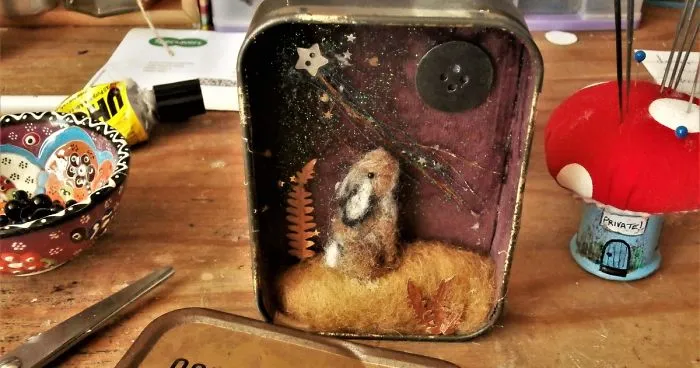 Moon Gazing Hare Diorama In A Vintage Tobacco Tin