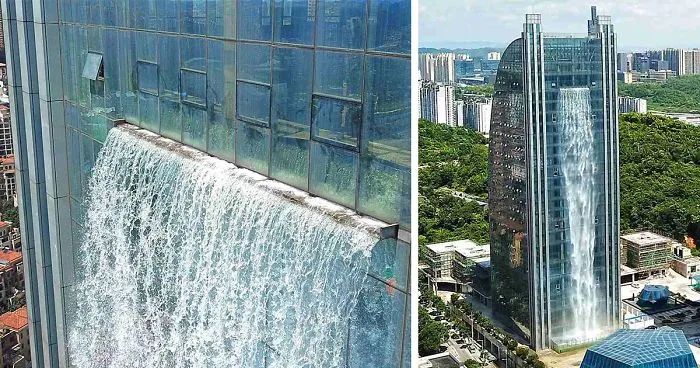 Chinese Build Unbelievable 350ft Waterfall On A Skyscraper