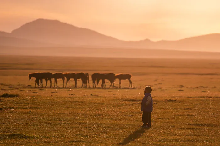 Un niño de una familia de la zona disfrutando de la puesta de sol en Song-Kul