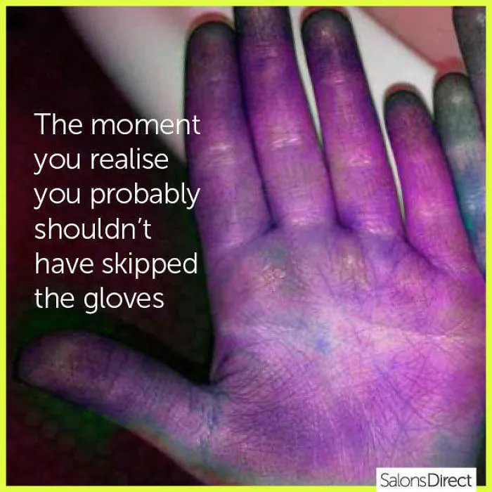Hand stained purple with the text, "The moment you realise you probably shouldn’t have skipped the gloves," humorously highlighting hairstylist challenges.