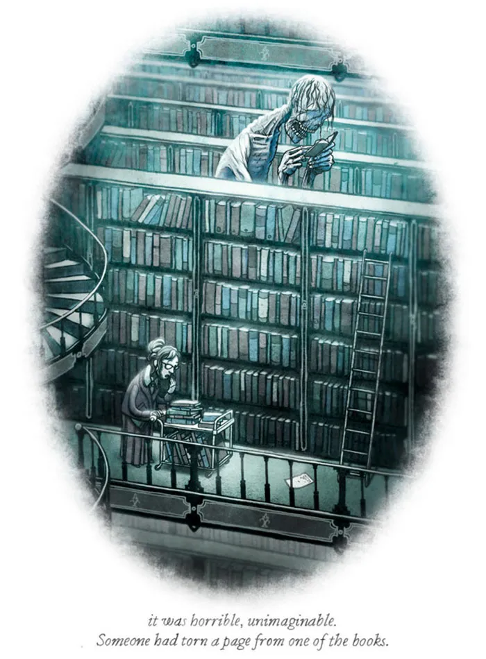 Era horrible, inimaginable. Alguien había arrancado una página de uno de los libros