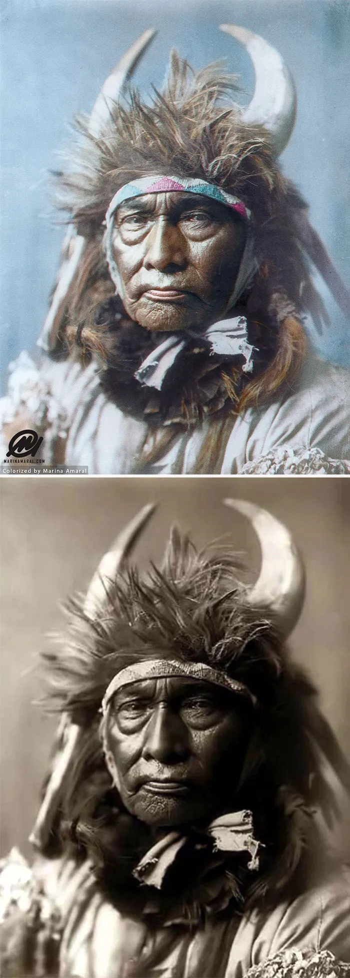 Bull Chief, An Indian Warrior, Apsaroke Tribe. The Photo Was Taken In 1908 By Edward S. Curtis. He Is Wearing A Buffalo Headdress With Horns
