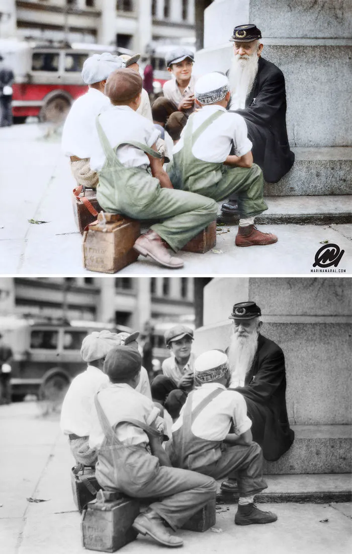 A Group Of Bootblacks Gather Around An Old Civil War Veteran In Pennsylvania, 1935