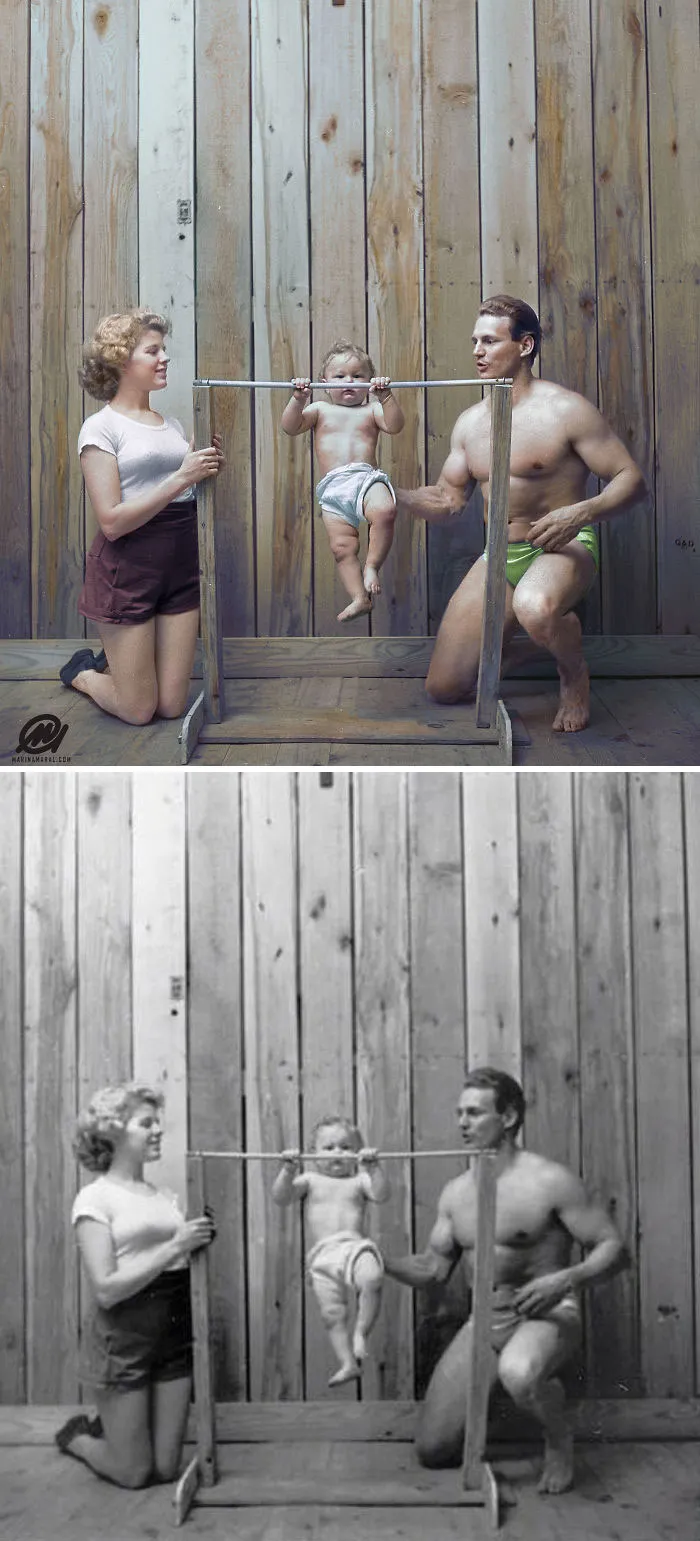 Bodybuilder Gene Jantzen With Wife Pat, And Eleven-Month-Old Son Kent, 1947